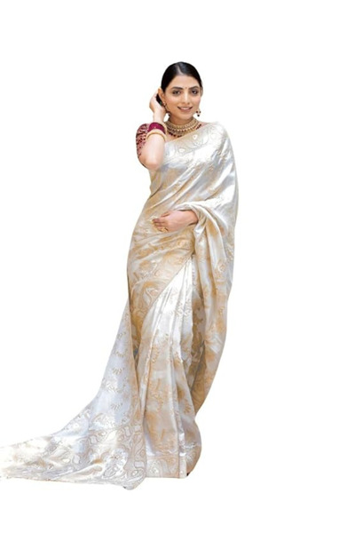MYSMAR White Silk Saree Banarasi - KTZ6045 | White