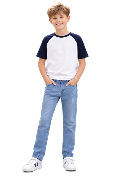 İrem Çocuk Giyim Boy's Frayed Patterned Lycra Zipper Closure Blue Color Jeans...