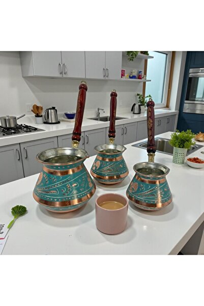 Yardımcı Bakır Since 1997 Copper 3-Piece Enamel-Engraved Corner Coffee Pot