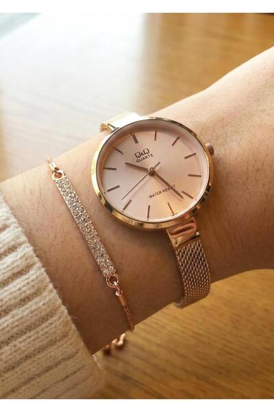 Q&Q Women's Rose Gold Metal Cord Powder Dial Wristwatch with Bracelet Gift 2 ...