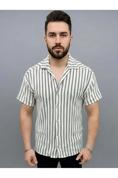 NERA GİYİM Men's Striped Short Sleeve Jacquard Shirt