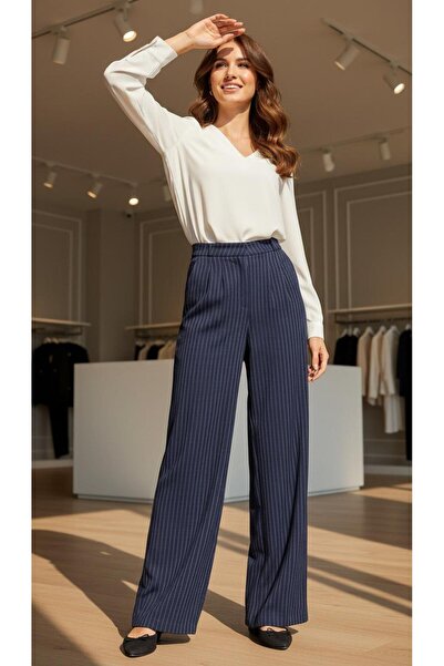 newmisal Women's Crepe Striped Wide-Lettered Loose-Leg Comfortable Stylish Pants