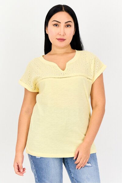 Amara Reya Women Y-Neck Cap Sleeve Textured T-Shirt, Yellow
