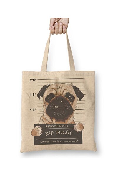 Toyaso Bad Puggy Pug Dog White Tote Bag Long Handle Shopping Bag Beach Bag