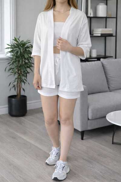 BRLKN Women's Wrinkled Kimono Shorts Top and Bottom Set