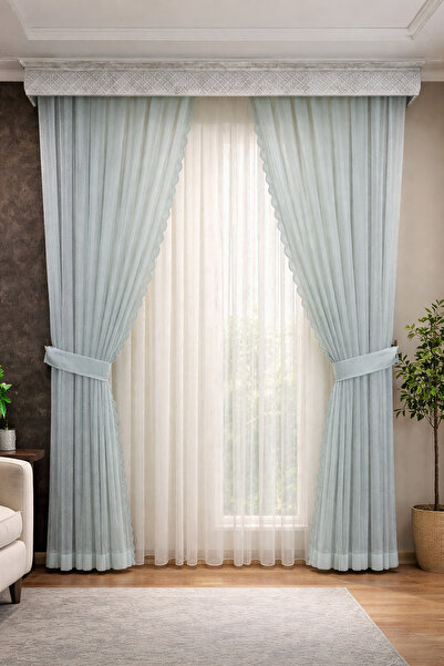 lissehome Mint Green Tulle Background Curtain – Lacy Edge – Right and Left Set