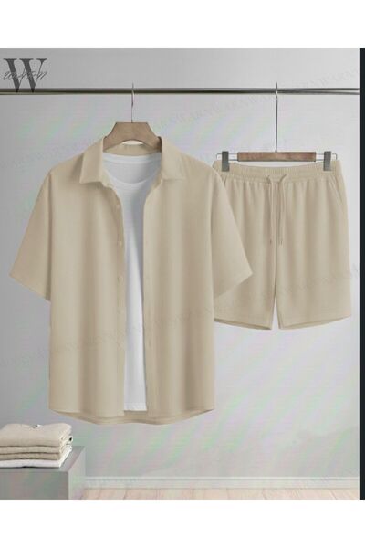 VIALON Bürümcük Crinkle Fabric Summer Men's Shirt Shorts Set