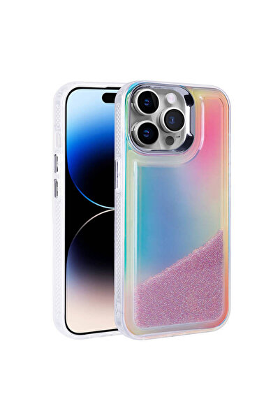 Paladyum Case iPhone 14 Pro Compatible Colorful Back Surface Beaded Purple Sa...