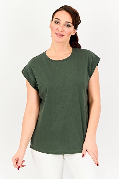 Amara Reya Women Crew Neck Cap Sleeve Plain Top, Dark Olive