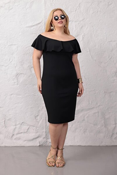 Madwilo Women's Black Shoulder Detail Ruffle Collar Stretchy Plus Size Dress