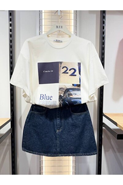 Mzr Collection KADIN BLUE YAZILI ARABA DESENLİ BEYAZ OVERSİZE KALIP COTON T-S...