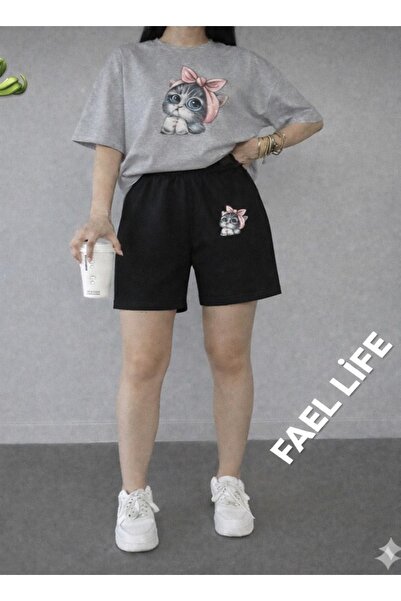 FAEL LİFE Girls'/Boys' Loose Fit T-Shirt and Shorts Cat Printed Set
