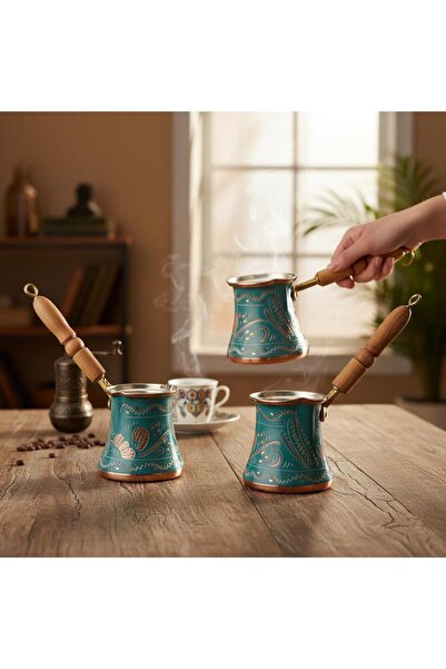 Yardımcı Bakır Since 1997 Copper 3-Piece Enamel-Engraved Classic Coffee Pot