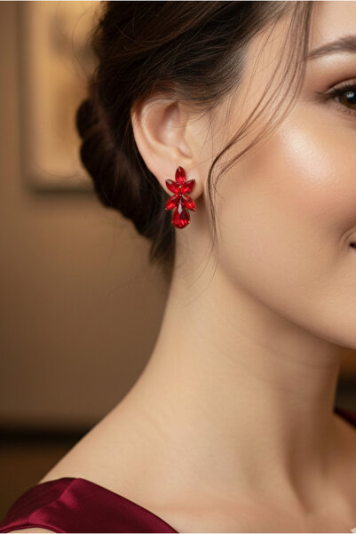 Happyline Kadın Kristal Kırmızı Taşlı Küpe, Sallantılı Küpe, Abiye Küpe , Kın...