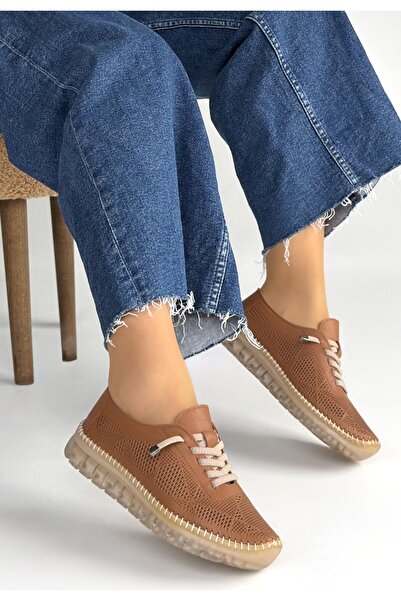 Zerenyus ZRNE-011 Hakiki Deri Taba Bağcıklı Kadın Comfort Spor Ayakkabı