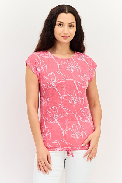 Amara Reya Women Round Neck Cap Sleeves Floral Top, Pink, Multicolor