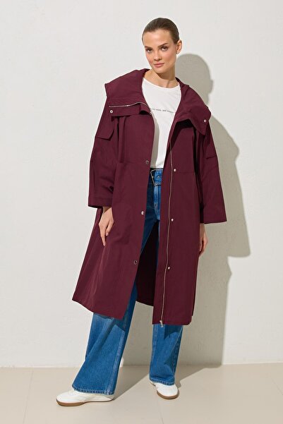 Setre Bordo Yaka Detaylı Rahat Kesim Trençkot