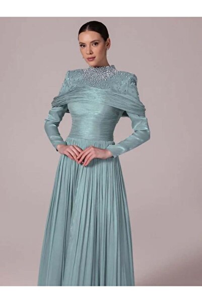 Kenzel Yakası Taş İşlemeli Pliseli Kabarık Tesettür Abiye Elbise