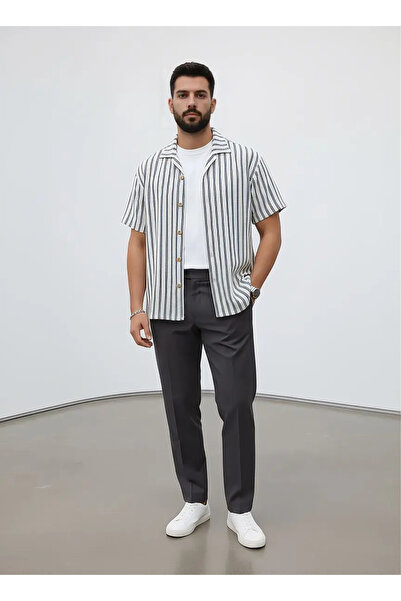 NERA GİYİM Men's Striped Short Sleeve Jacquard Shirt