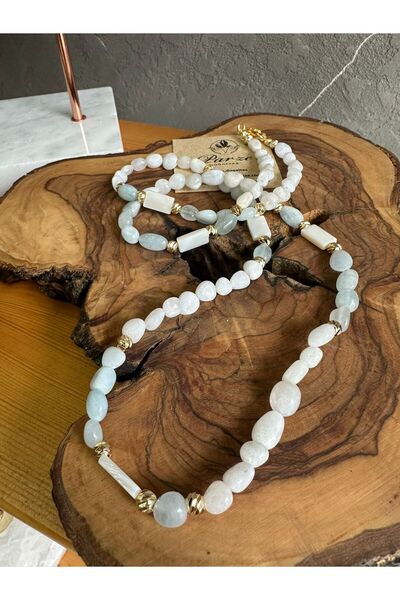 parze doğaltaş Moonstone & Aquamarine Natural Stone Design Necklace
