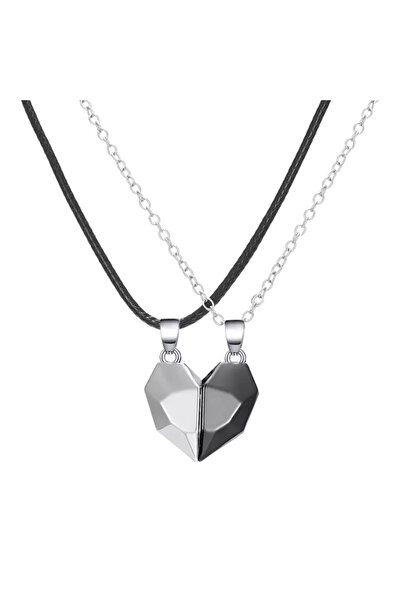 EFAYN.RO Couple chain set with magnetic heart pendant, unisex, silver with bl...