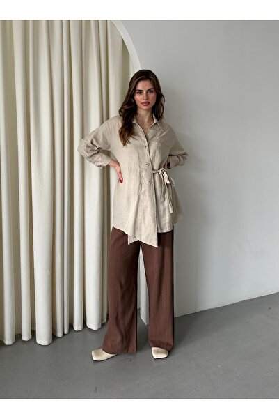 Laluvia Natural Button Cross Belted Shirt - 5258