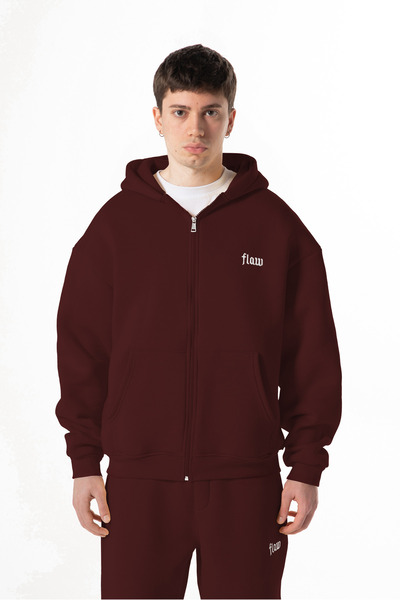 Flaw Wear Flaw Embroidered Burgundy Zip Hoodie