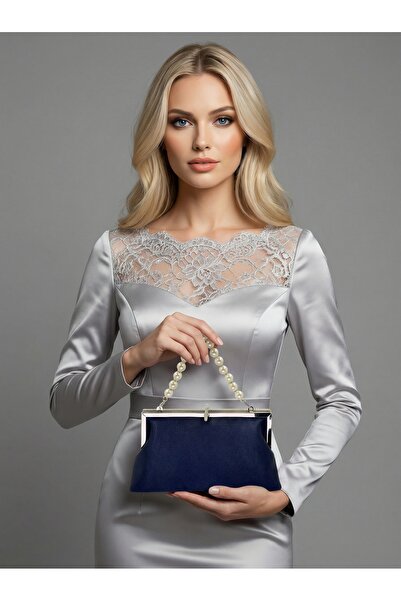 Biçanta Navy Blue Color Satin Soft Metal Stone Pearl Detailed Chain Strap Cry...