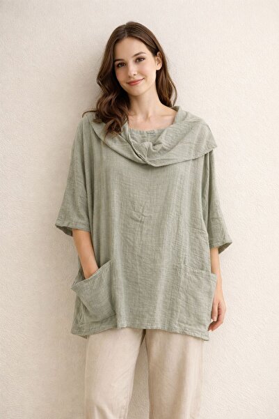 AGORATEKSTİL Women's Flared 100% Cotton Fabric Capri Sleeve Double Pocket Blouse