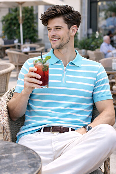 WE&ME Men's Striped Thin Knitwear Polo Collar Half Zipper Short Sleeve Stylis...