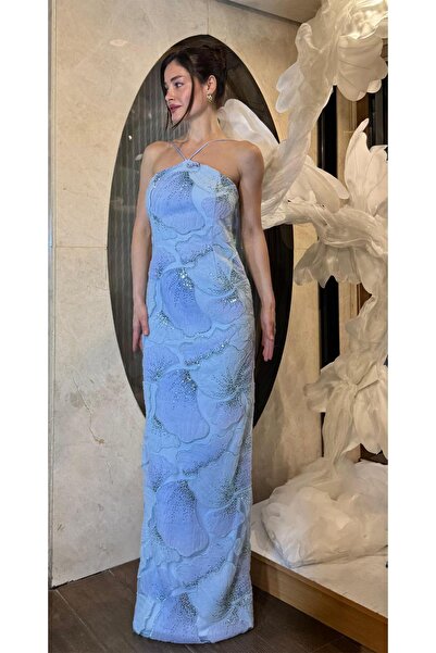 SpringStore Mavi Yakası İp Askılı İşlemeli Abiye