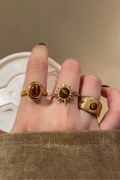 The Collection 3'lü Kombin Kahverengi Taşlı Gold Vintage Yüzük Set