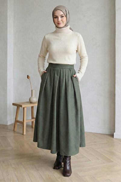FERHEL Women's Pleated Hijab Skirt with Zipper Pockets - Khaki