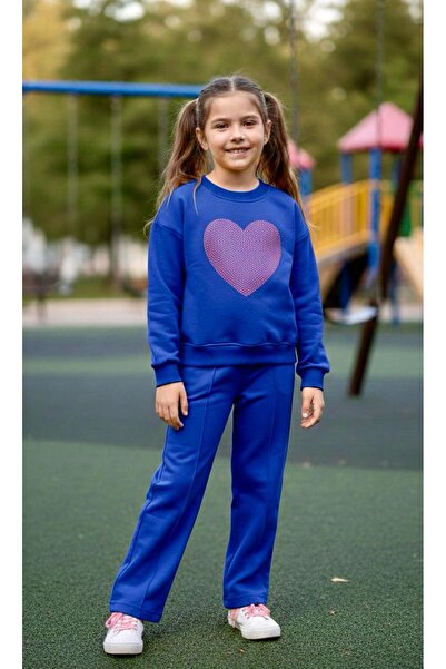 Kids Clup Stone-Embellished Girls' Tracksuit Set (Heart-Stoned, Shiny)