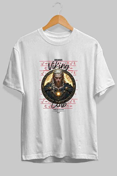 Ankhises Tricou Viking Mythology 14 cu imprimeu frontal, alb, supradimensiona...