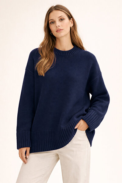 FERHEL Crew Neck Shirt Detailed Knitwear Sweater Oversize Comfortable Fit Dai...