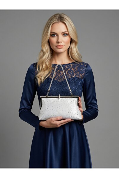 Wedding Fashion Ecru Color Satin Soft Leather Metal Stone Detailed Chain Stra...