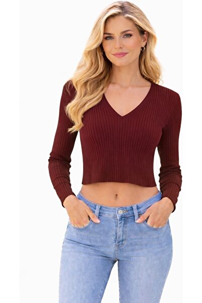 CHEVALIER FASHION Women’s Ribbed Knit Crop Top – Long Sleeve V-Neck Slim Fit ...