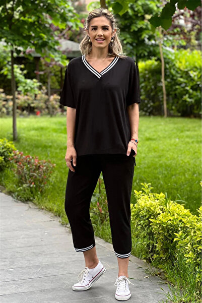 Nevin Kaya Moda Black Short Sleeve Striped Suit - Pants Blouse