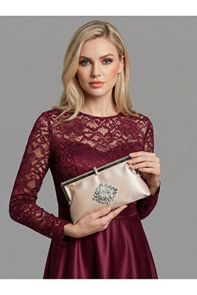 Biçanta Skin Color Satin Soft Leather Metal Stone Pearl Detailed Chain Strap ...