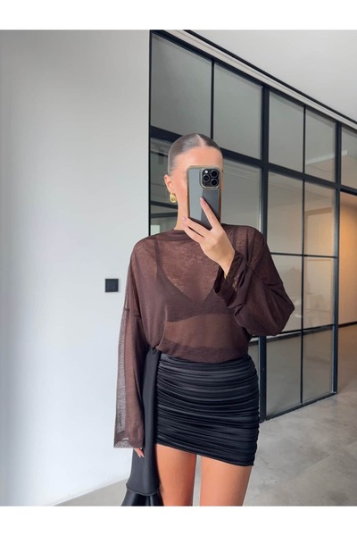 BB Bensu Buyruk Stand Collar Oversize Transparent Blouse Brown