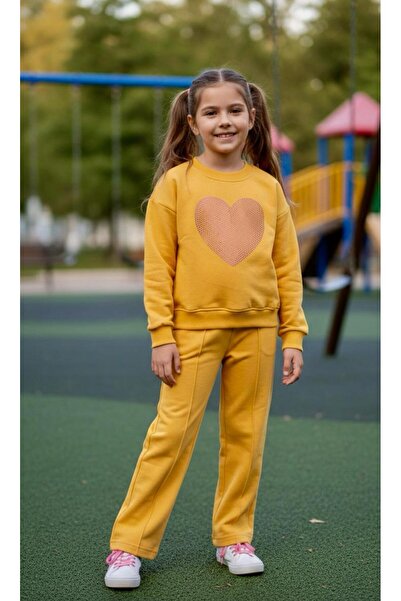 Kids Clup Stone-Embellished Girls' Tracksuit Set (Heart-Stoned, Shiny)
