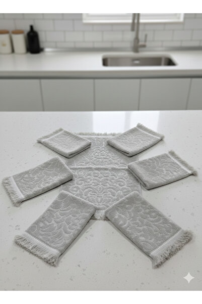 ÖZteks 6 Pieces Gray Color 30-50 cm Fringed Kitchen Towels & Hand and Face To...