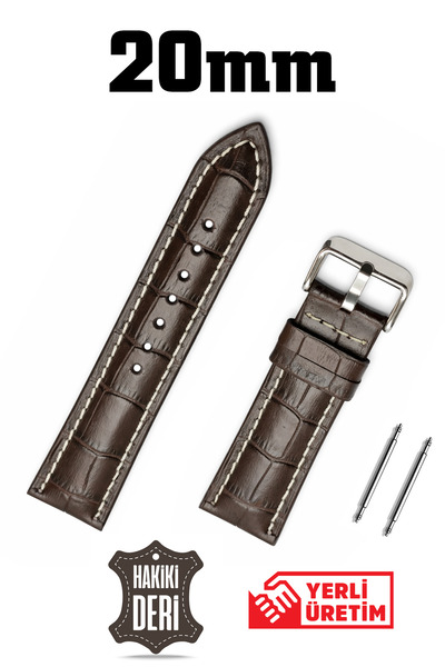 Saatse 20mm Brown Croco White Stitched Genuine Leather Watch Band Strap