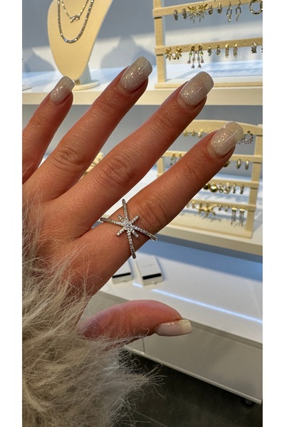 GLARE JEWELRY CO Gümüş Rodyumlu Yıldız Modeli Çapraz Ayarlanabilir Çelik Yüzük