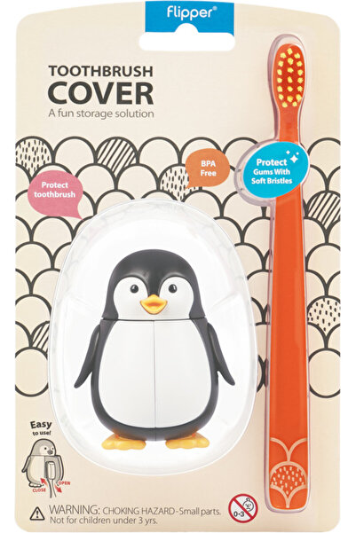 Flipper Fun Animal Hygienic Toothbrush Holder for Kids, Soft Bristle Toothbrush, Penguin, 3Y+