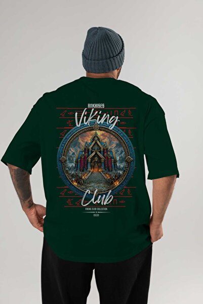 Ankhises Tricou oversize verde cu imprimeu Valhalla pe spate, pentru bărbați ...