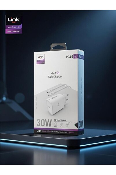 Casefy Link Tech 30W GaN PD 3.0 Hızlı Şarj Adaptörü Type-C Kablolu Set USB-C ...