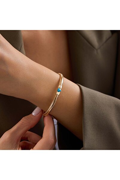 Bayar Gold 14 Ayar Altın İtalyan Turkuaz Mineli Kalp Esnek Bilezik