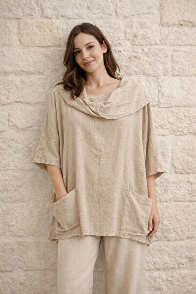 AGORATEKSTİL Women's Flared 100% Cotton Fabric Capri Sleeve Double Pocket Blouse